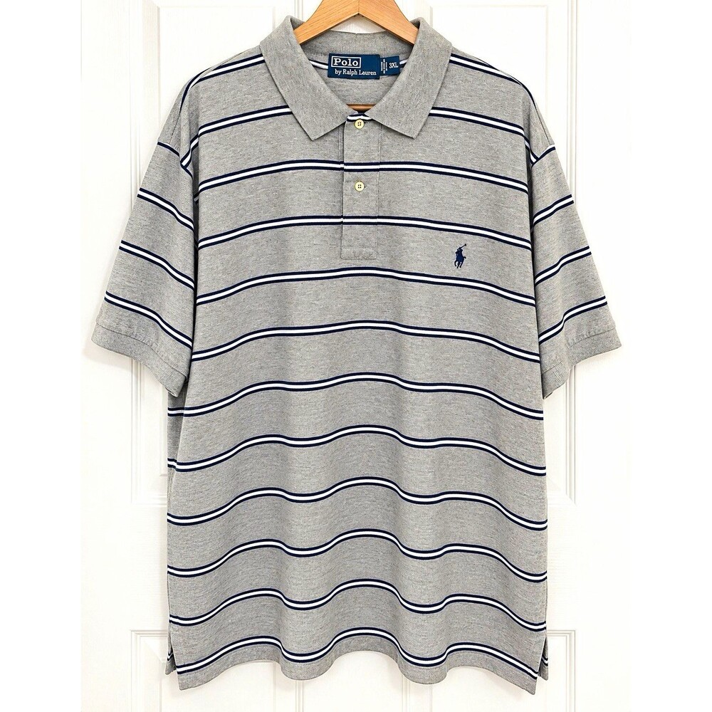 Polo by Ralph Lauren Men’s 3XL Big & Tall Gray Navy Striped Polo Cotton Logo